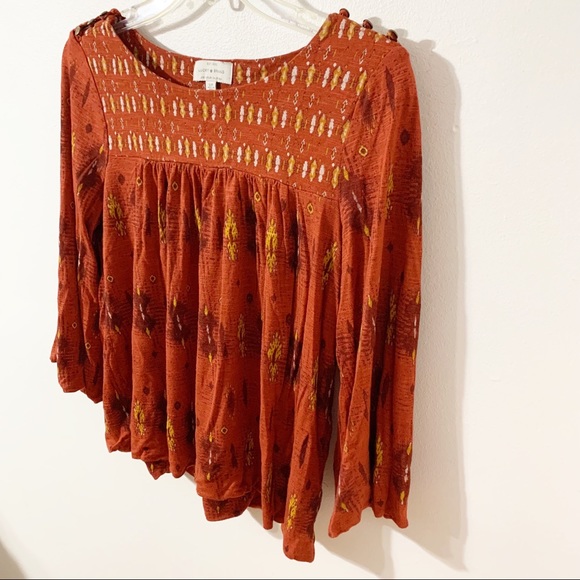 Lucky Brand Boho Print Viscose Blouse Scoop Neckline 3/4 Bell Sleeves Buttons - Picture 2 of 13